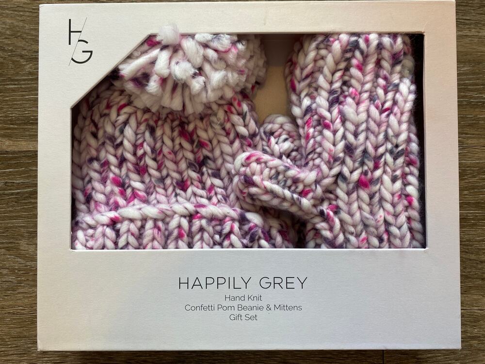 Happily Grey Hand Chunky Knit Confetti Pom Beanie Mittens Gift Set Pink NIB